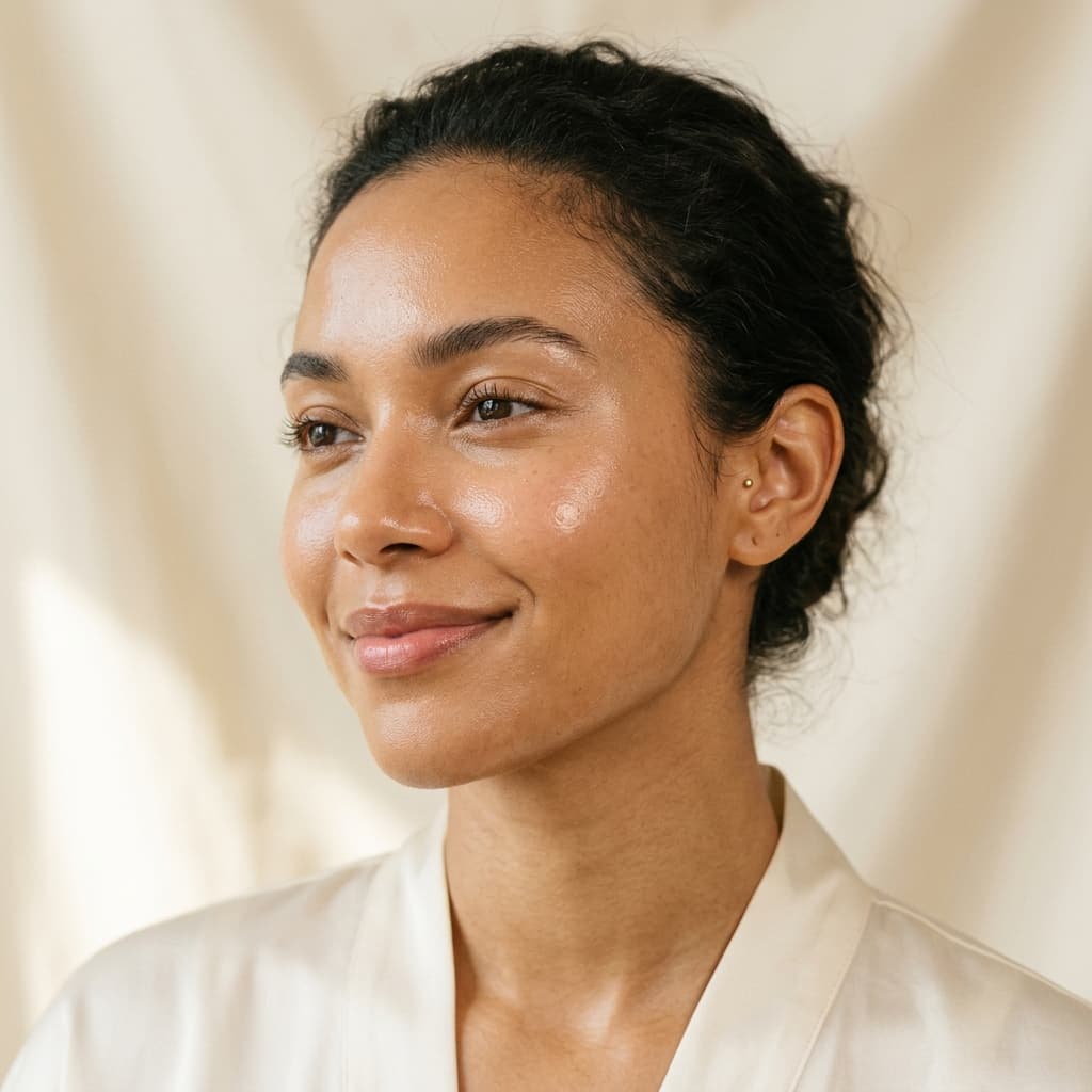 A client after a facial, glowing skin